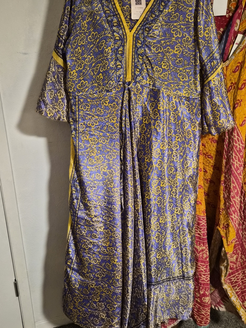 NWT, 100% Crepe Silk Light Blue and Yellow Floral Maxi Dress